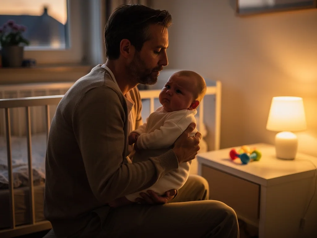 Vater hält waches Baby nachts im Kinderzimmer neben Babybett und warmer Nachttischlampe im Arm.