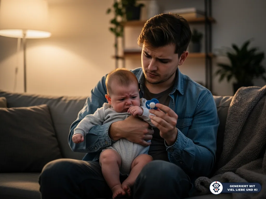 Vater hält weinendes Baby auf dem Sofa und betrachtet einen blauen Schnuller in seiner Hand. (mit KI erstellt)