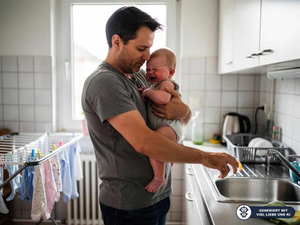 Vater hält weinendes Baby in der Küche im Arm und spült mit einer Hand am Waschbecken. (mit KI erstellt)