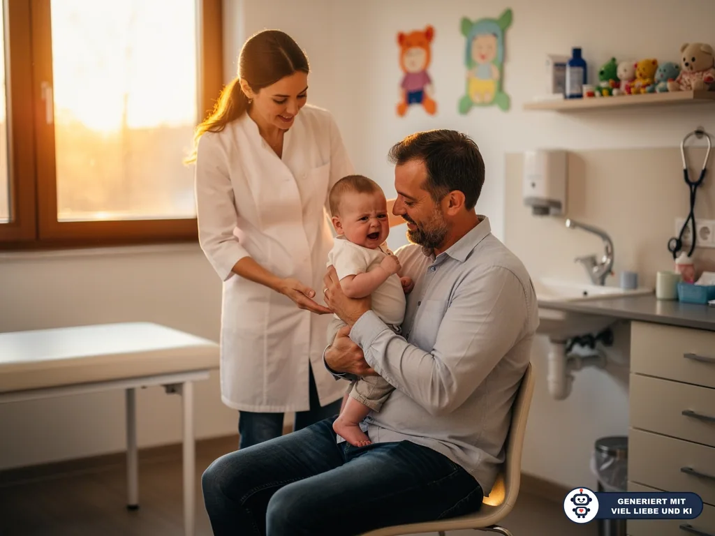 Vater hält weinendes Baby in einer Kinderarztpraxis, während eine Ärztin beruhigend danebensteht. (mit KI erstellt)