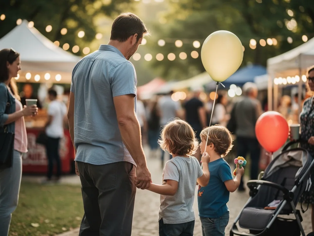 Vater hält zwei Kinder mit Luftballons auf einem belebten Festgelände mit Ständen und Kinderwagen an der Hand.