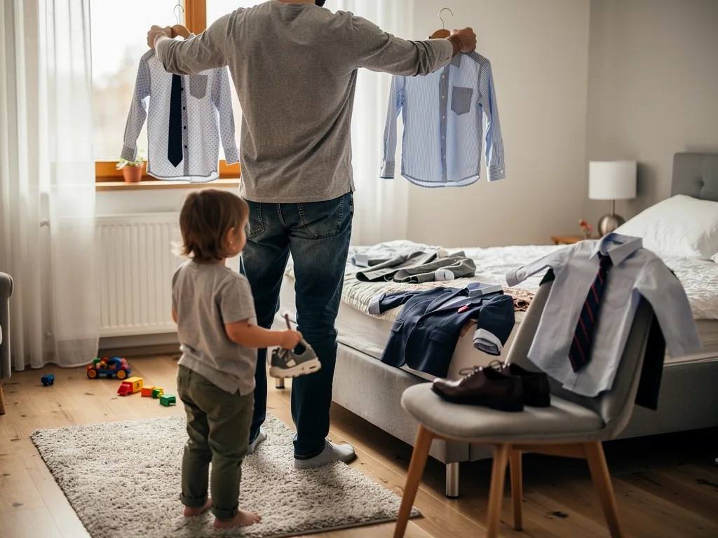 Vater hält zwei Kinderhemden hoch, während ein Kleinkind im Schlafzimmer bei festlicher Kleidung zusieht.