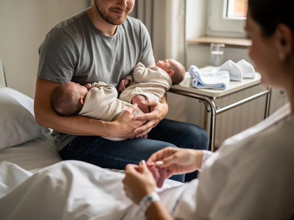 Vater hält zwei neugeborene Zwillinge im Krankenhaus, die Mutter sitzt unscharf im Vordergrund im Bett.