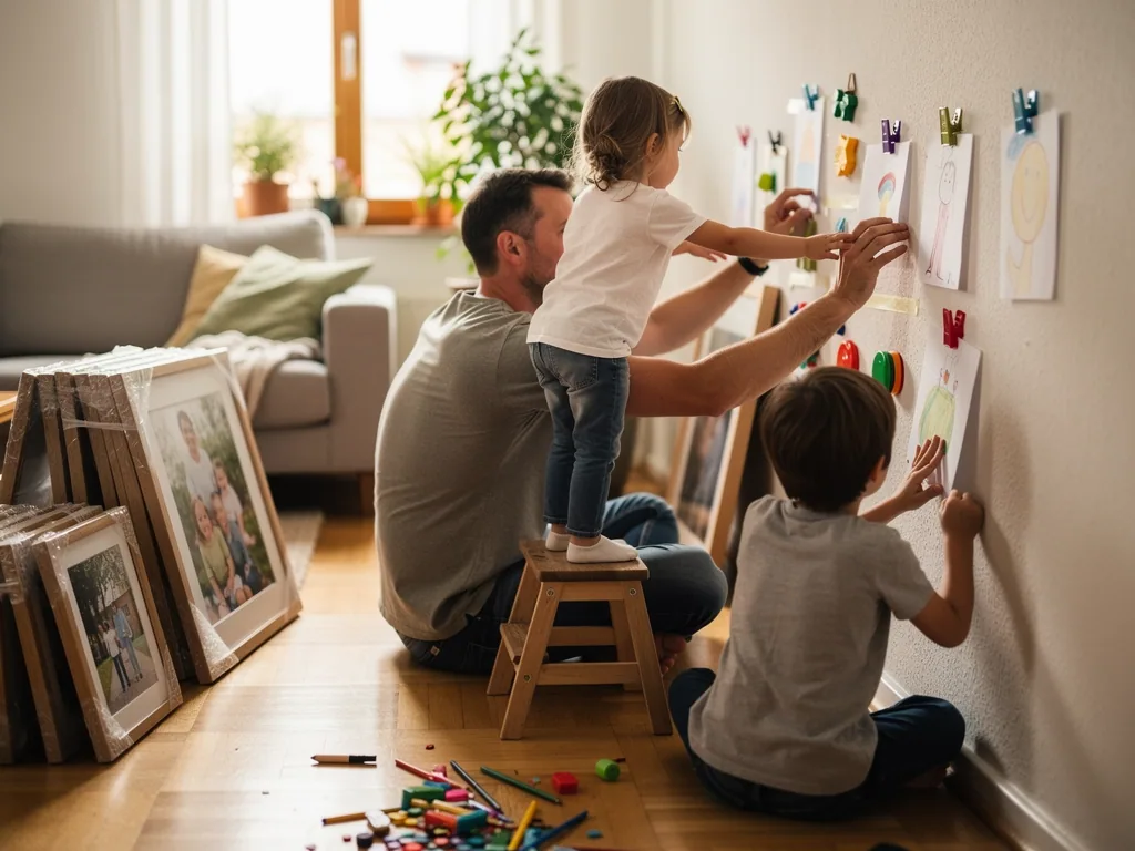 Vater hängt mit zwei Kindern selbstgemalte Bilder an eine Wohnzimmerwand; Bilderrahmen stehen daneben.