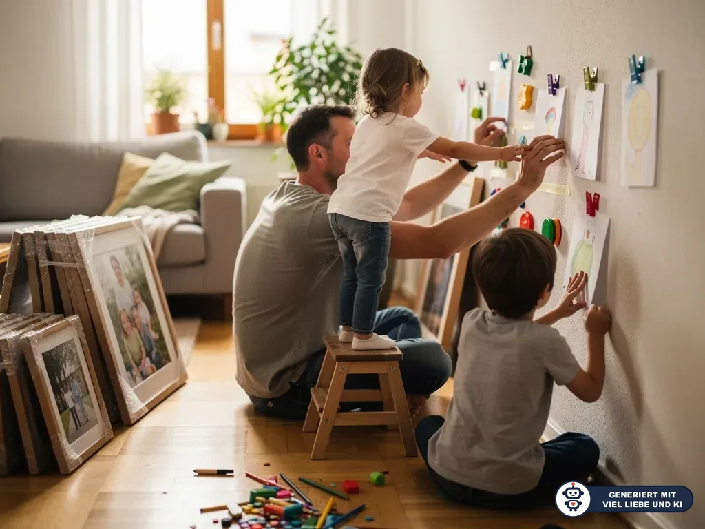 Vater hängt mit zwei Kindern selbstgemalte Bilder an eine Wohnzimmerwand; Bilderrahmen stehen daneben. (mit KI erstellt)