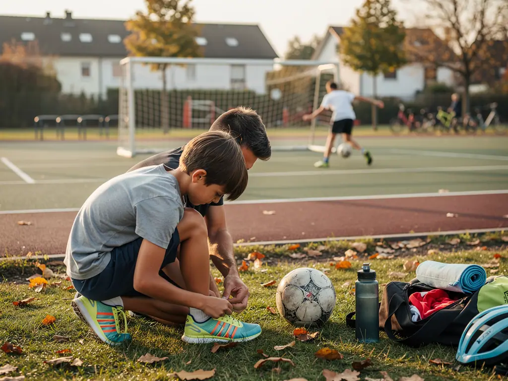 Vater hilft einem Jungen am Fußballplatz beim Schnürsenkelbinden, daneben Ball, Trinkflasche und Sporttasche.