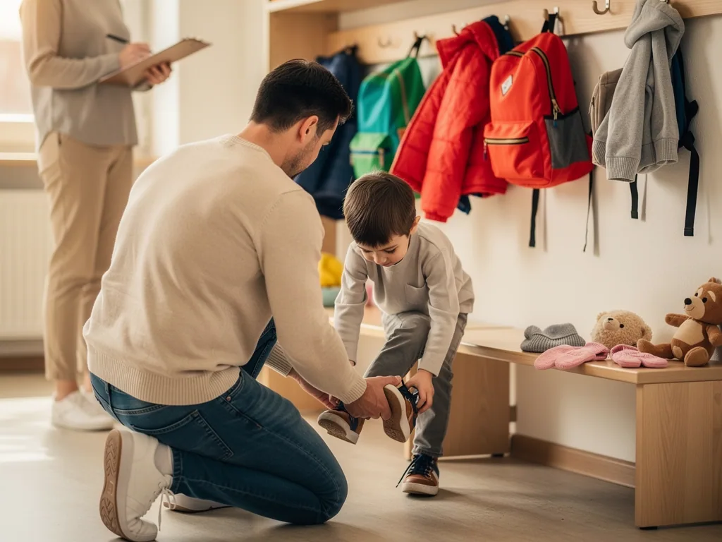 Vater hilft einem Kind in der Kita-Garderobe beim Anziehen, während eine Betreuungsperson Notizen macht.