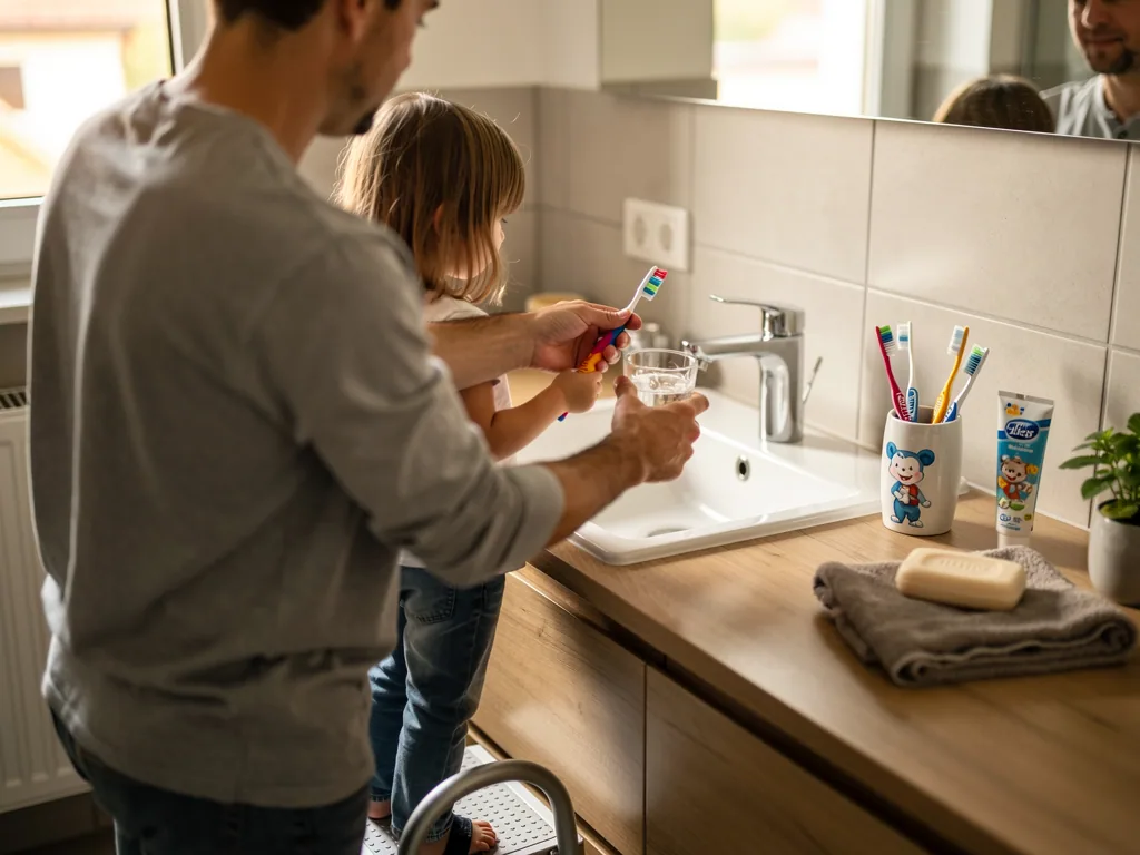 Vater hilft Kind am Waschbecken beim Zähneputzen mit einer Kinderzahnbürste und Becher.