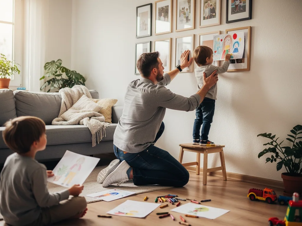 Vater hilft Kind auf Hocker, eine Zeichnung an einer Bilderwand aufzuhängen; weiteres Kind sitzt mit Bildern am Boden.