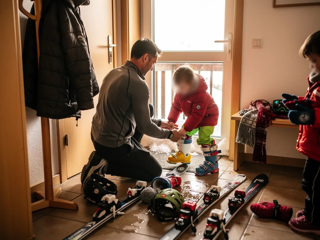 Vater hilft Kind im Flur beim Anziehen von Skischuhen; Ski, Helm und Ausrüstung liegen bereit.