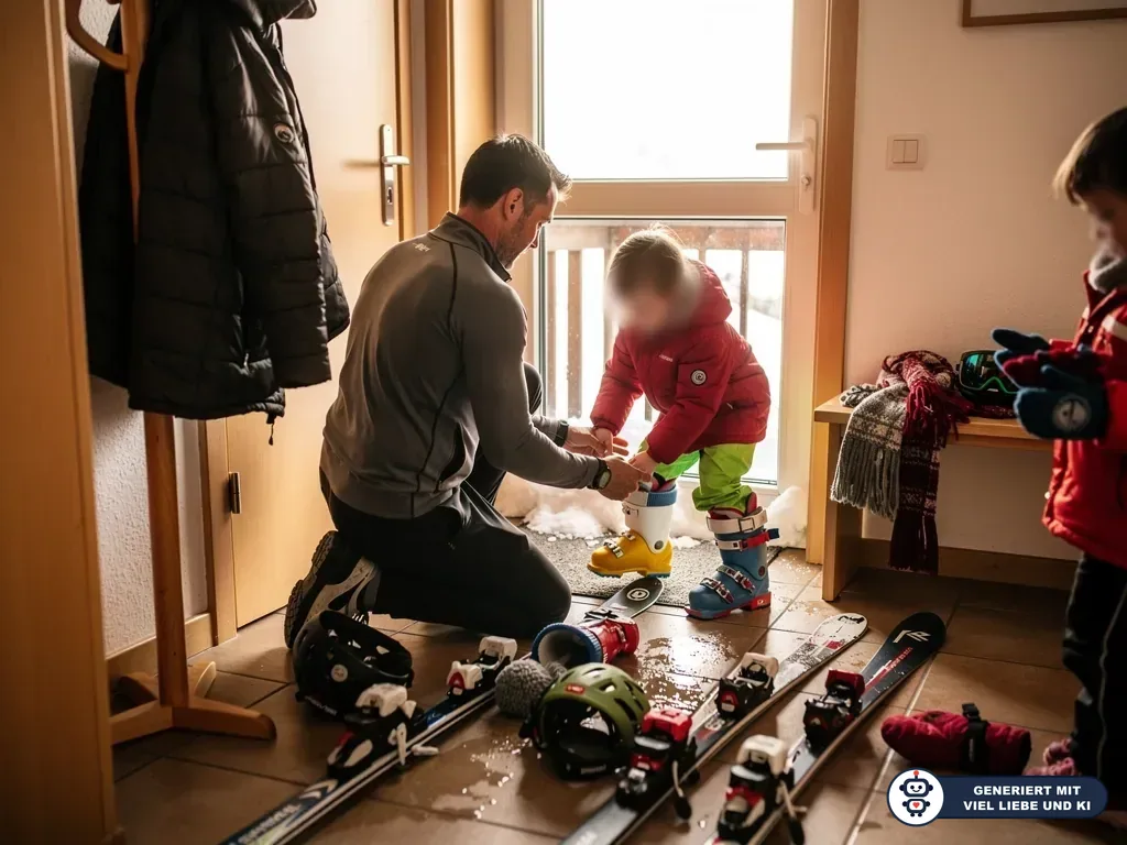 Vater hilft Kind im Flur beim Anziehen von Skischuhen; Ski, Helm und Ausrüstung liegen bereit. (mit KI erstellt)