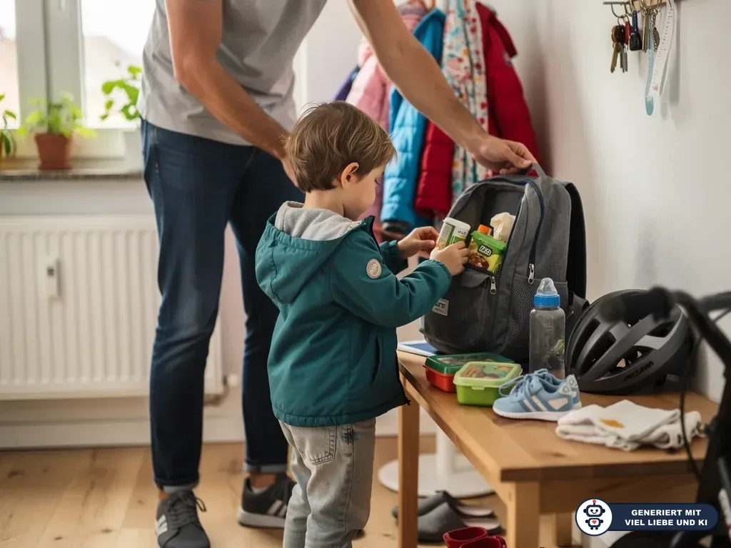 Vater hilft kleinem Kind im Flur beim Packen von Rucksack, Brotdose und Fahrradhelm für den Ausflug. (mit KI erstellt)