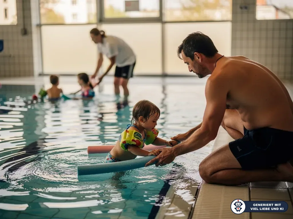 Vater hilft Kleinkind mit Schwimmflügeln und Poolnudel am Beckenrand eines Hallenbads. (mit KI erstellt)