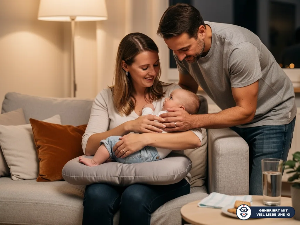 Vater hilft Mutter auf dem Sofa beim Stillen, während sie das Baby auf einem Stillkissen hält. (mit KI erstellt)