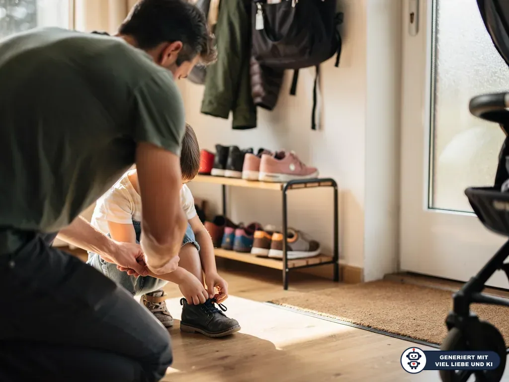 Vater hilft seinem Kind im Flur beim Anziehen eines Schnürschuhs; im Hintergrund stehen weitere Schuhe im Regal. (mit KI erstellt)