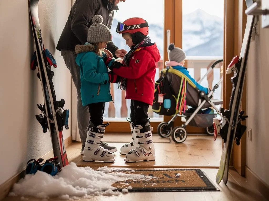 Vater hilft zwei Kindern in Skikleidung im Flur, neben Skiern, Kinderwagen und Blick auf verschneite Berge.