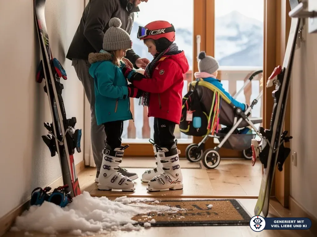 Vater hilft zwei Kindern in Skikleidung im Flur, neben Skiern, Kinderwagen und Blick auf verschneite Berge. (mit KI erstellt)