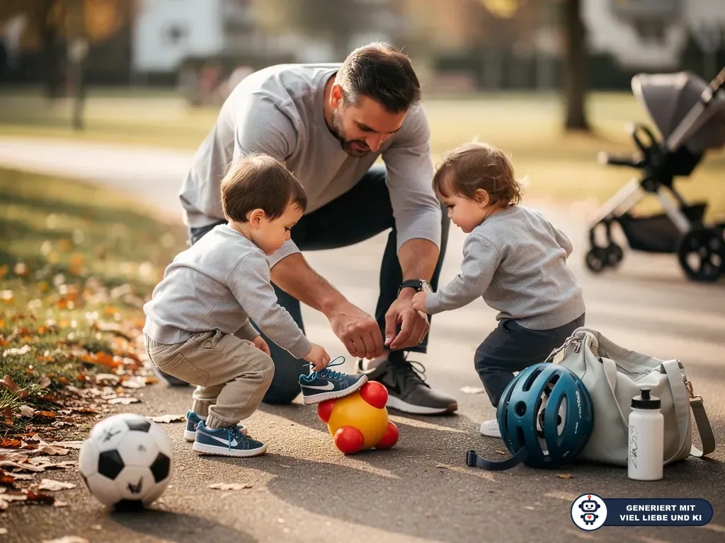 Vater hilft zwei Kleinkindern im Park beim Spielen mit Ball und Laufspielzeug neben Helm und Kinderwagen. (mit KI erstellt)