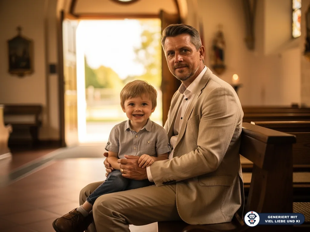 Vater im hellen Anzug sitzt mit seinem Sohn auf einer Kirchenbank vor dem Einschulungsgottesdienst. (mit KI erstellt)