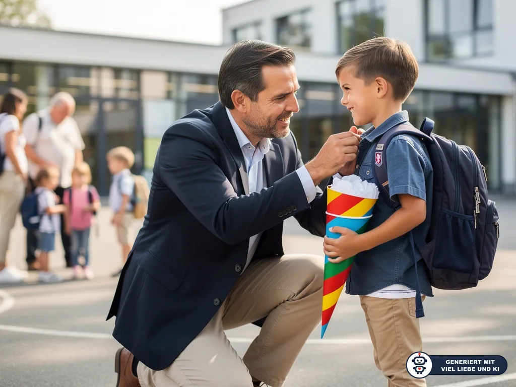 Vater im Sakko richtet seinem Sohn mit Schulranzen vor der Schule den Kragen; der Junge hält eine Schultüte. (mit KI erstellt)