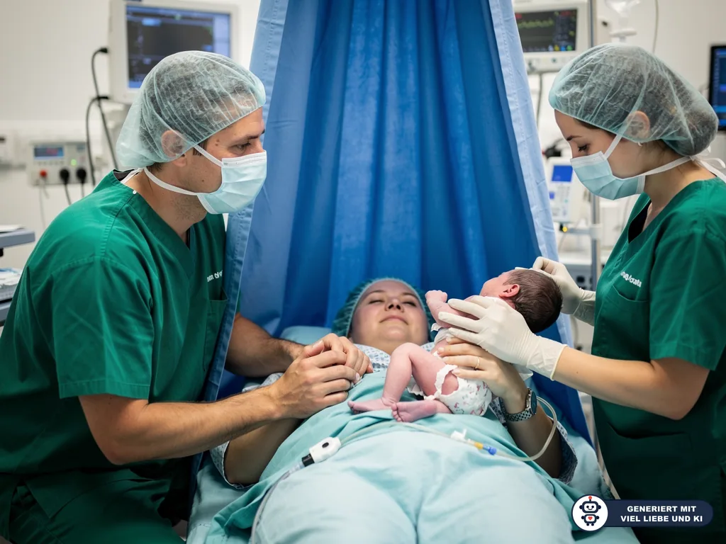 Vater in OP-Kleidung hält die Hand der Mutter, während eine Ärztin ihr nach dem Kaiserschnitt das Neugeborene zeigt. (mit KI erstellt)
