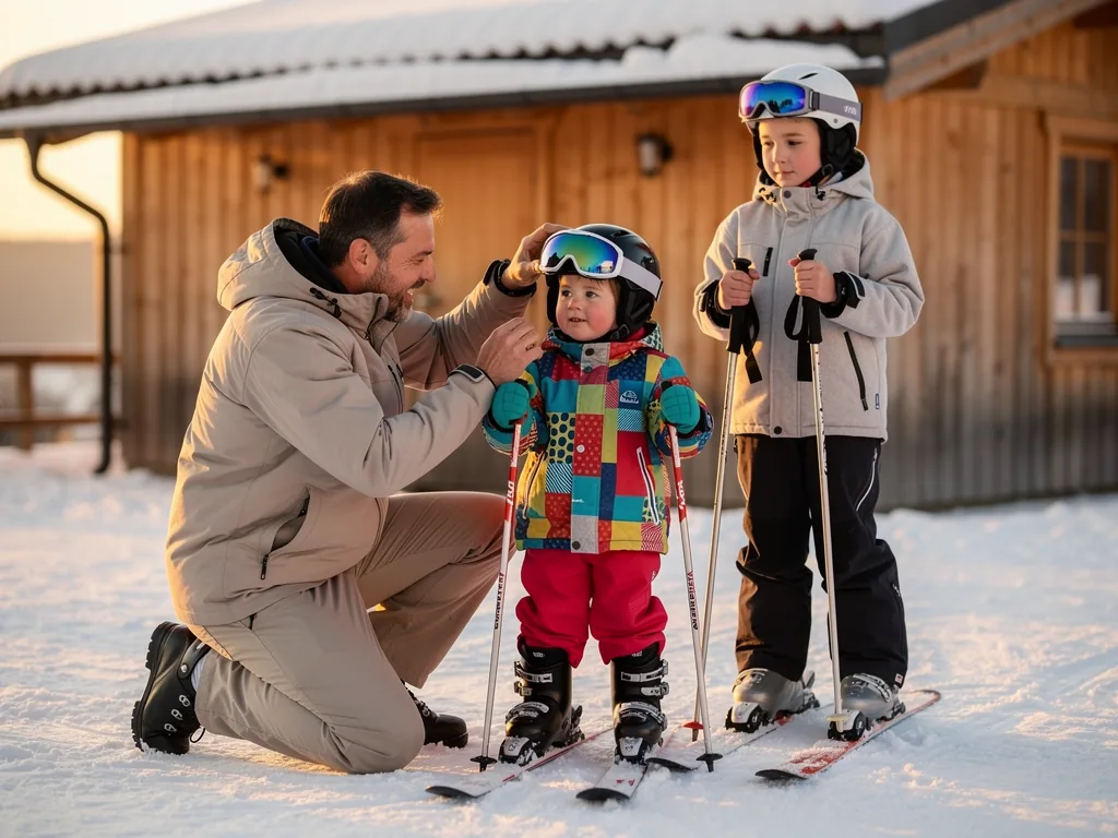 Vater justiert den Skihelm eines kleinen Kindes, daneben steht ein älteres Kind mit Skistöcken im Schnee.