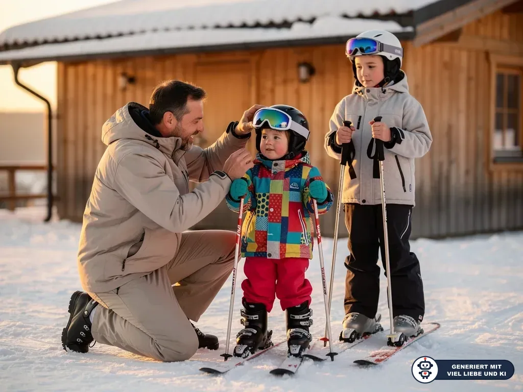 Vater justiert den Skihelm eines kleinen Kindes, daneben steht ein älteres Kind mit Skistöcken im Schnee. (mit KI erstellt)