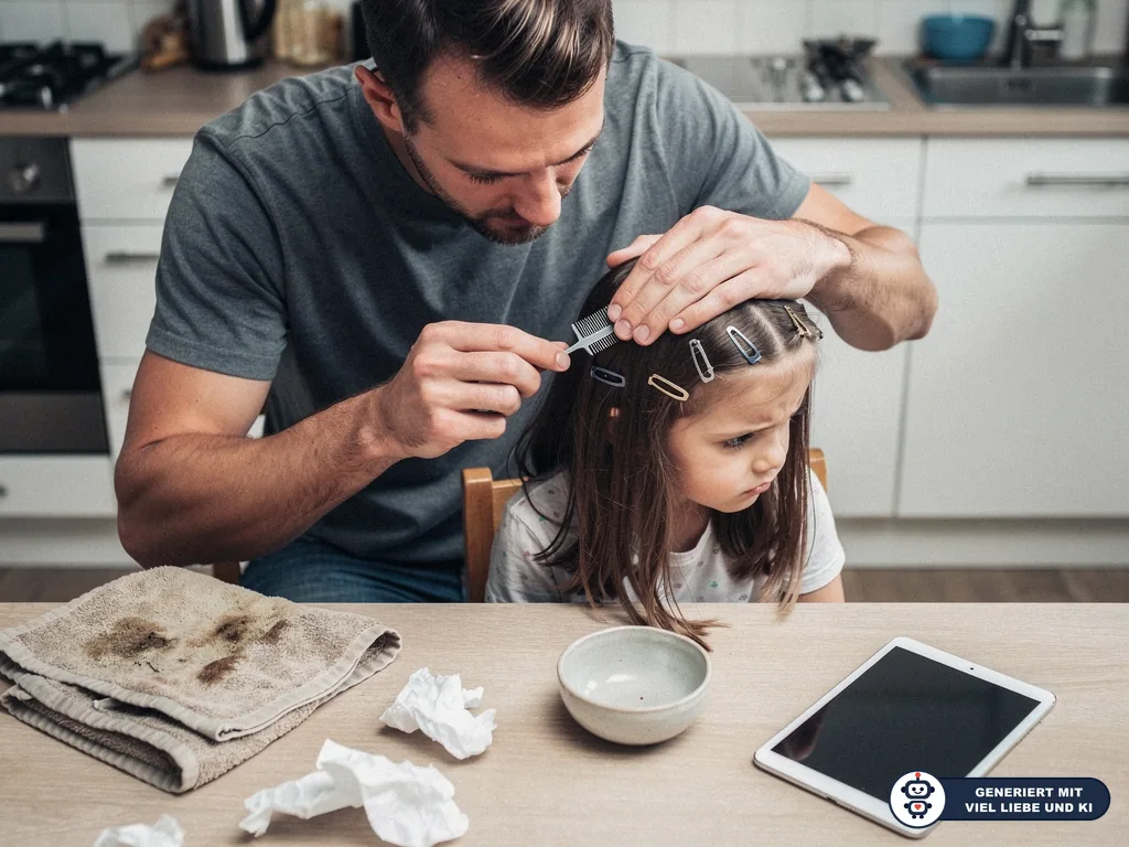 Vater kämmt die Haare seiner Tochter mit einem Läusekamm am Küchentisch, Haarspangen halten Strähnen zurück. (mit KI erstellt)