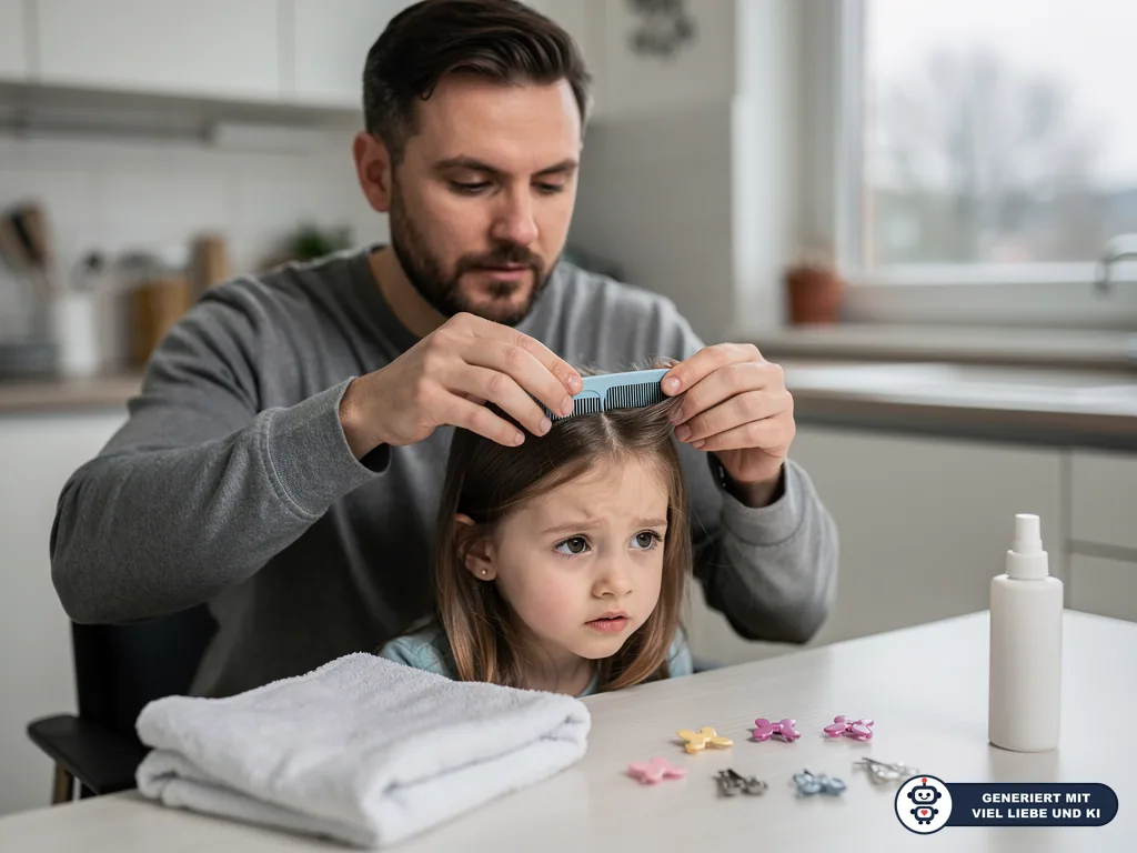Vater kämmt die Haare seiner Tochter mit einem Läusekamm; auf dem Tisch stehen Spray, Handtuch und Haarspangen. (mit KI erstellt)