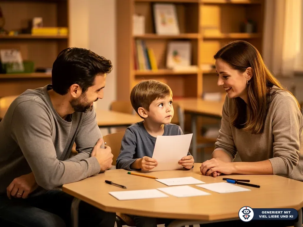 Vater, Kind und Lehrerin sitzen an einem Tisch; der Junge hält ein Blatt in einer Lern- oder Förderstunde. (mit KI erstellt)