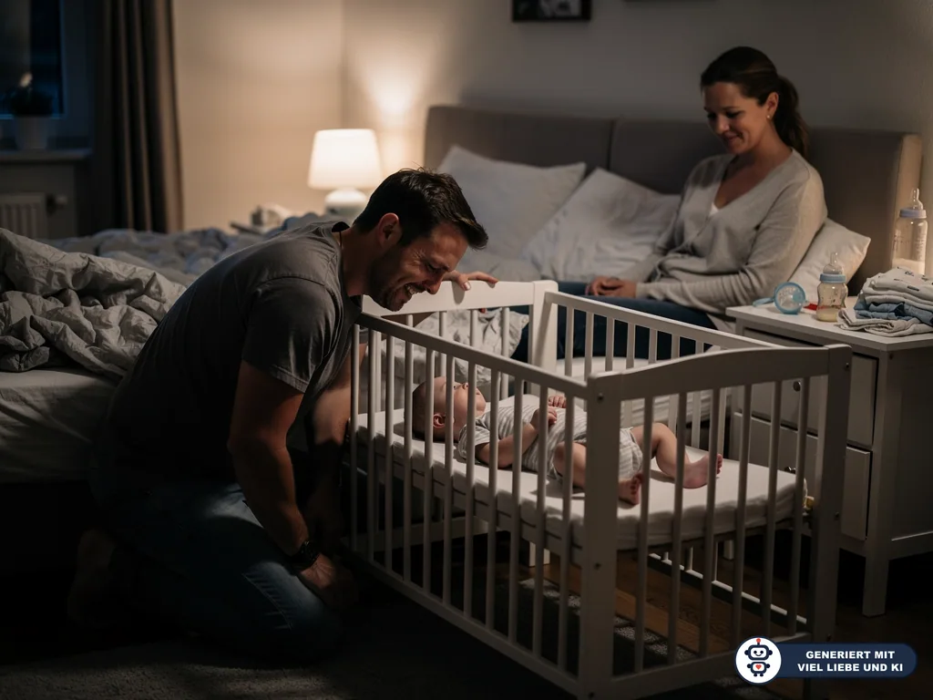 Vater kniet am Babybett neben dem Elternbett, Mutter sitzt lächelnd im Schlafzimmer, Baby liegt wach im Gitterbett. (mit KI erstellt)