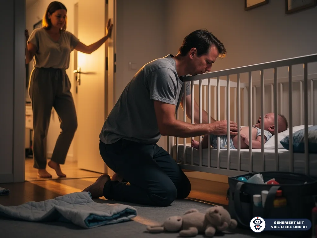Vater kniet am Babybett und beruhigt ein weinendes Baby, während die Mutter in der Tür des Kinderzimmers steht. (mit KI erstellt)
