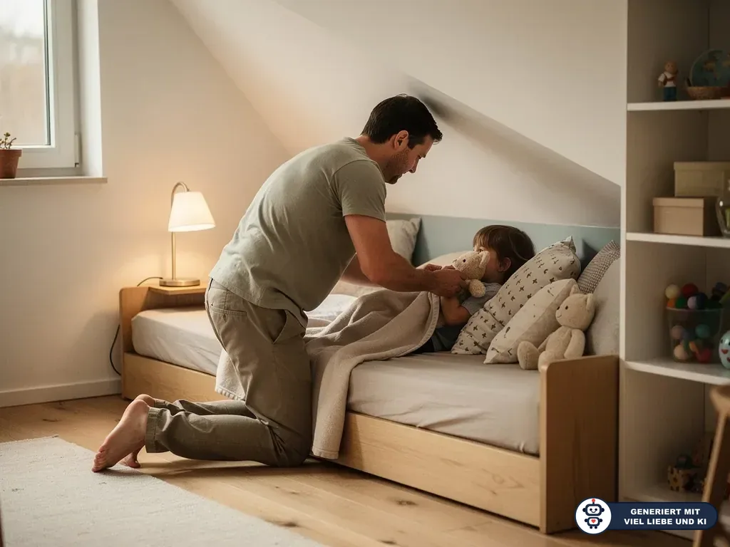 Vater kniet am Kinderbett unter einer Dachschräge und deckt ein Kind mit Kuscheltier zu. (mit KI erstellt)