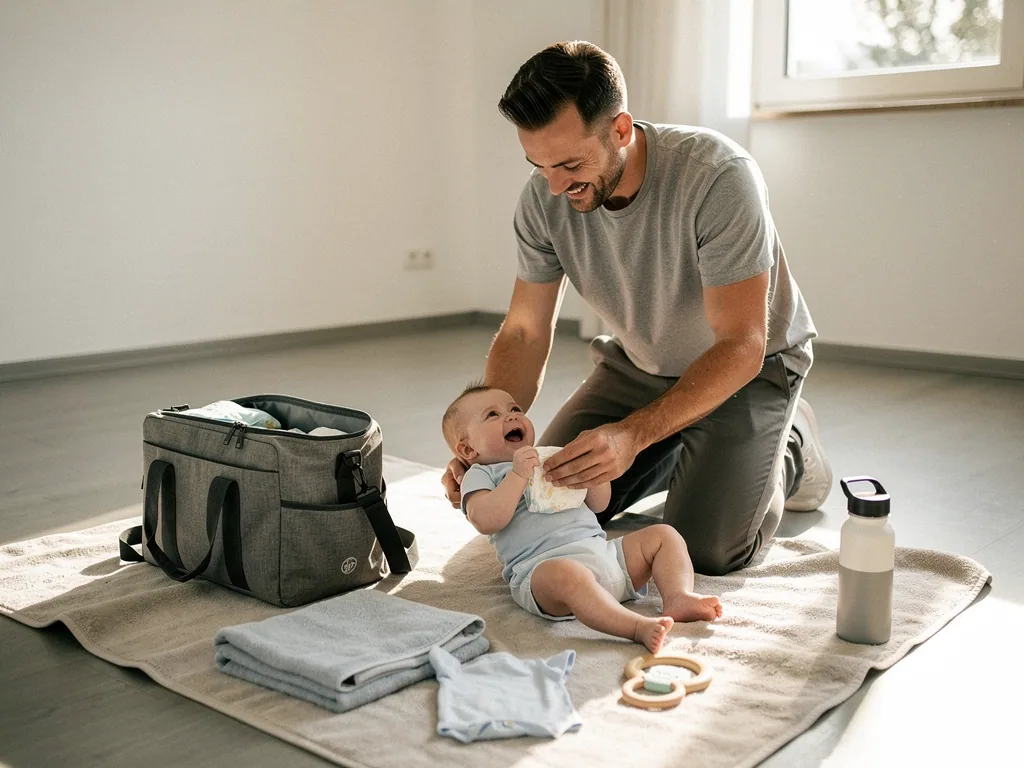 Vater kniet auf einer Decke neben lachendem Baby, Wickeltasche, Wechselkleidung, Greifring und Trinkflasche liegen bereit.