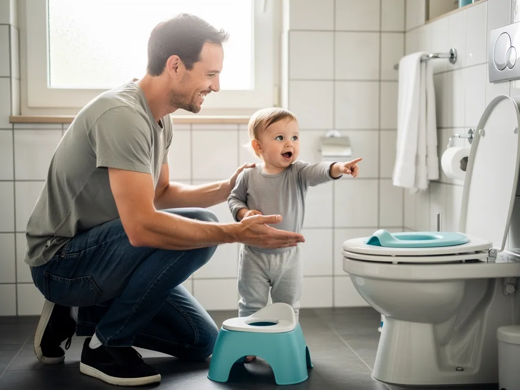 Vater kniet im Bad neben Kleinkind, das auf Toilette mit Kindersitz zeigt; davor steht ein türkisfarbenes Töpfchen.