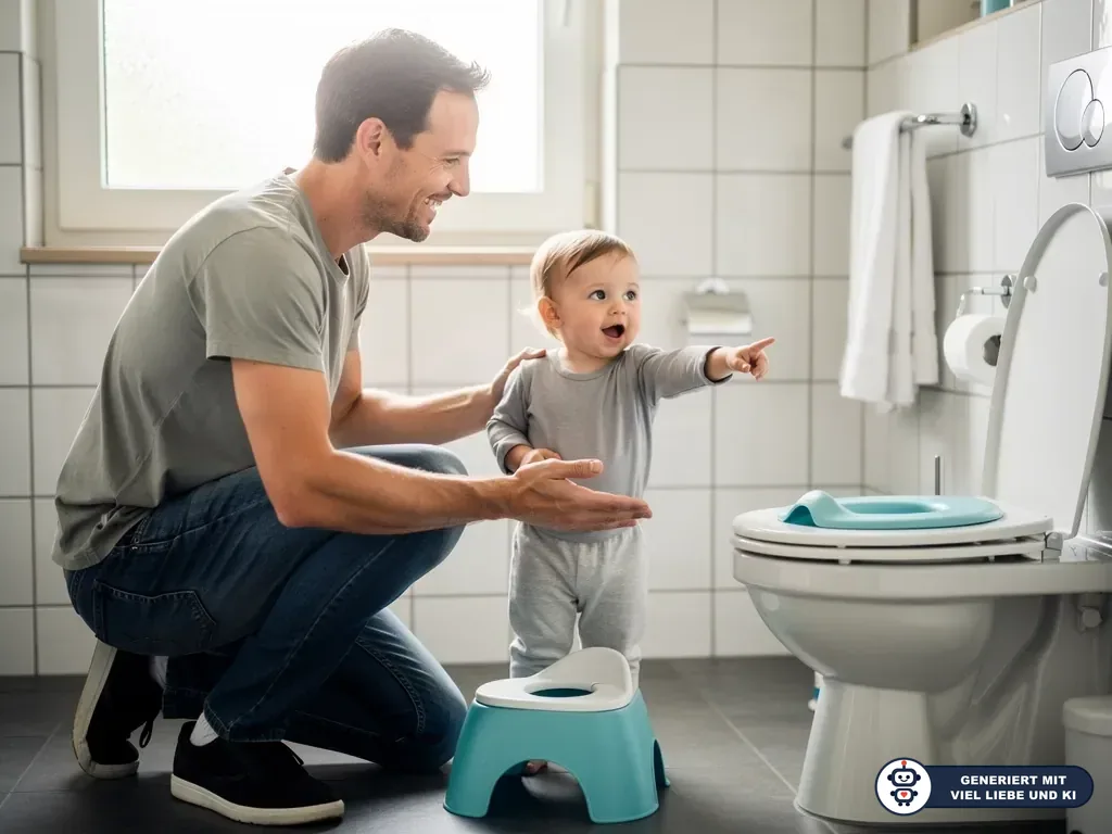 Vater kniet im Bad neben Kleinkind, das auf Toilette mit Kindersitz zeigt; davor steht ein türkisfarbenes Töpfchen. (mit KI erstellt)