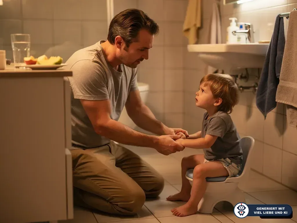 Vater kniet im Bad vor einem Kleinkind auf dem Töpfchen und hält beruhigend seine Hände. (mit KI erstellt)