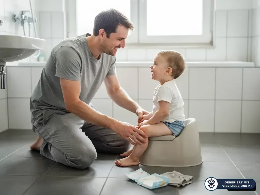 Vater kniet im Bad vor seinem Kleinkind, das auf einem Töpfchen sitzt; Windel und Unterhose liegen am Boden. (mit KI erstellt)