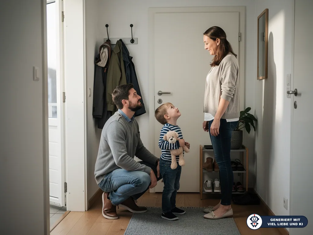 Vater kniet im Flur neben seinem Sohn mit Teddybär, während die Mutter dem Kind zugewandt gegenübersteht. (mit KI erstellt)