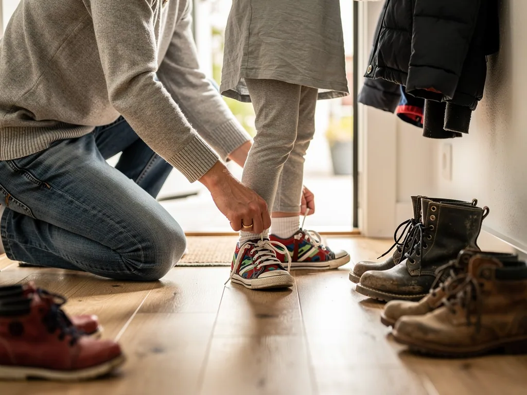 Vater kniet im Flur und hilft einem Kind beim Anziehen bunter Turnschuhe neben weiteren Kinderschuhen.