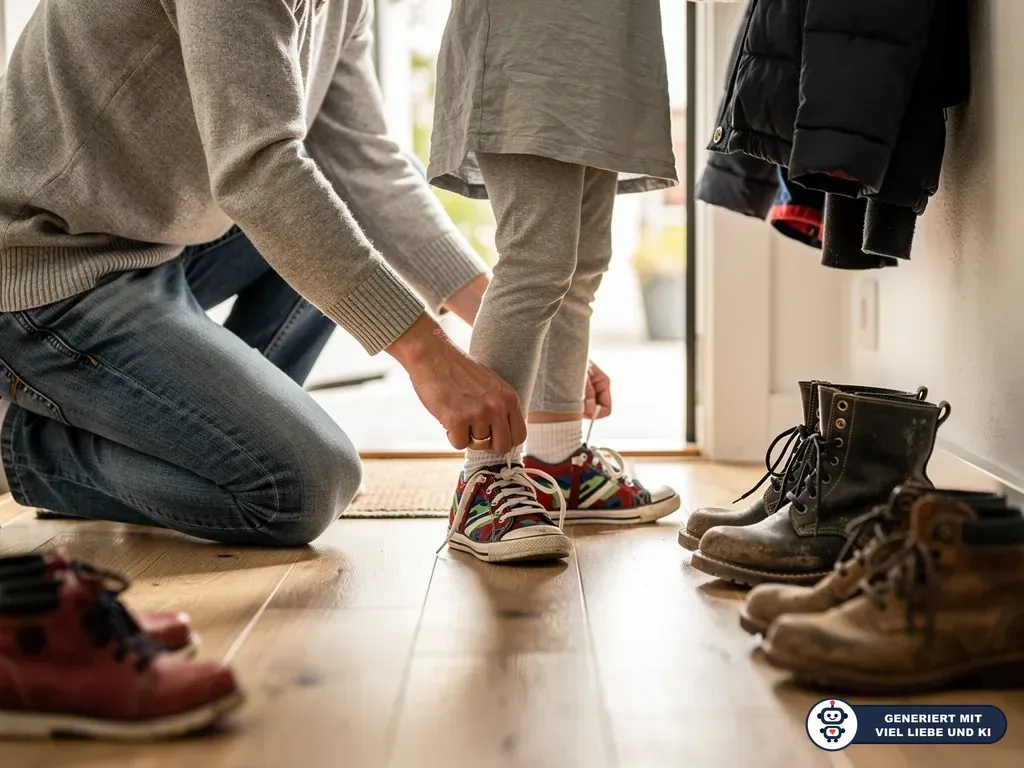 Vater kniet im Flur und hilft einem Kind beim Anziehen bunter Turnschuhe neben weiteren Kinderschuhen. (mit KI erstellt)