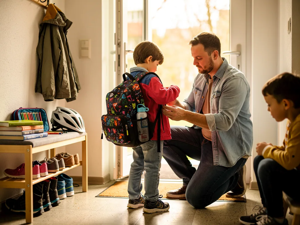 Vater kniet im Flur und hilft einem Kind mit Schulrucksack; ein weiteres Kind wartet neben Schuhregal und Büchern.