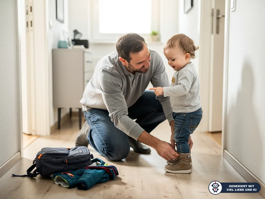 Vater kniet im Flur und hilft Kleinkind beim Anziehen der Schuhe, daneben liegen Rucksack und Jacke. (mit KI erstellt)
