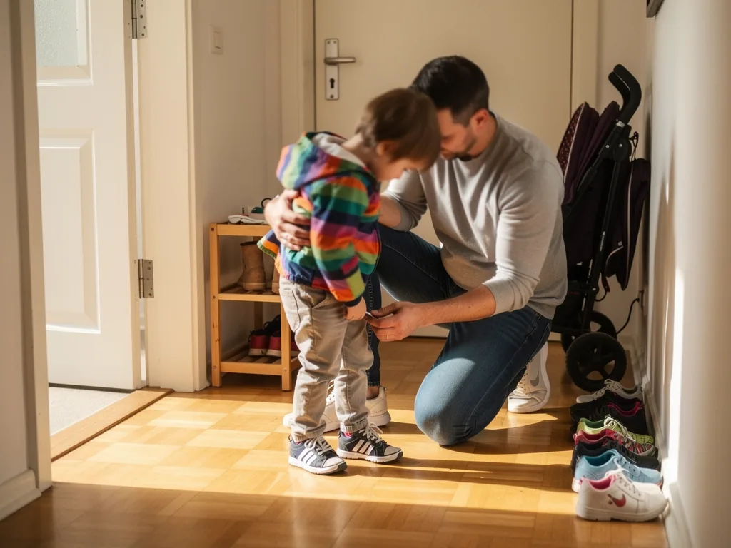 Vater kniet im Flur und hilft seinem kleinen Kind in bunter Jacke beim Anziehen der Schuhe.