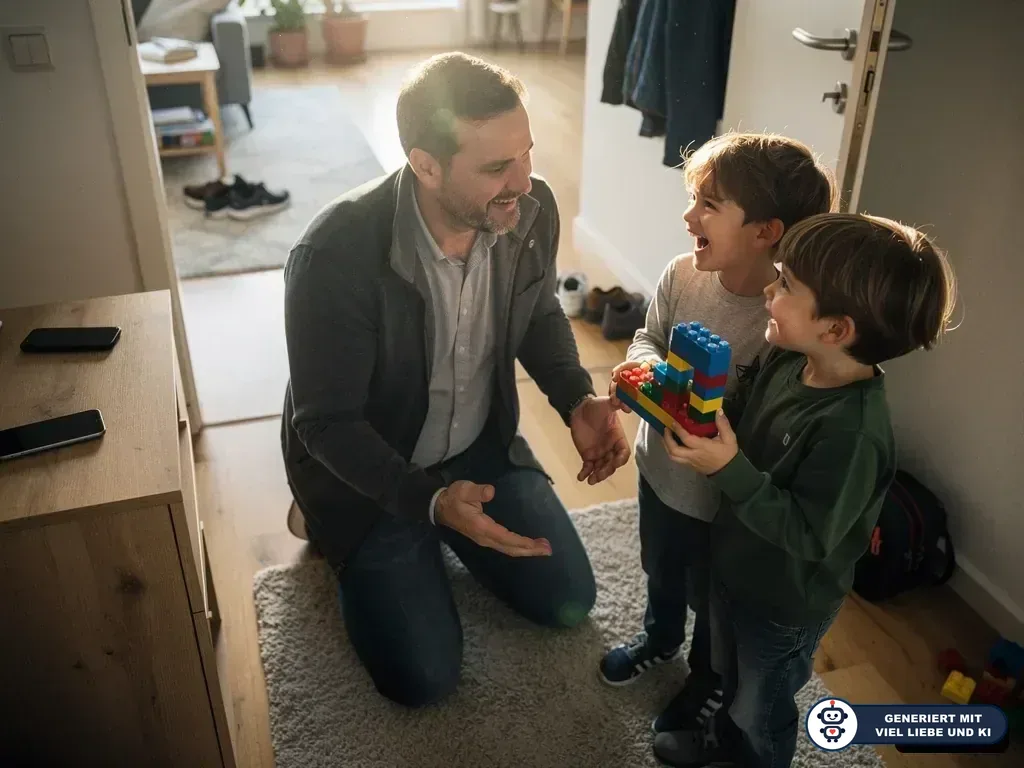 Vater kniet im Flur und lacht mit zwei Kindern, die ein Bauklotzhaus halten. (mit KI erstellt)