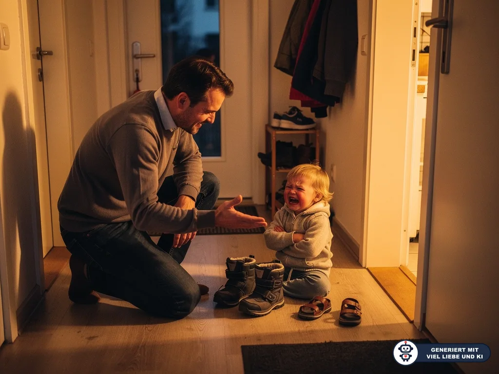 Vater kniet im Flur vor weinendem Kleinkind, das mit verschränkten Armen neben Schuhen auf dem Boden sitzt. (mit KI erstellt)