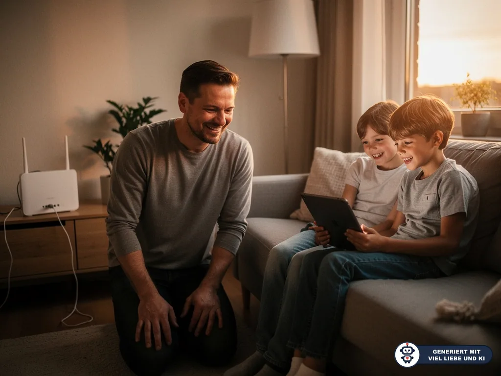 Vater kniet im Wohnzimmer neben zwei Kindern mit Tablet; links steht ein WLAN-Router auf dem Sideboard. (mit KI erstellt)
