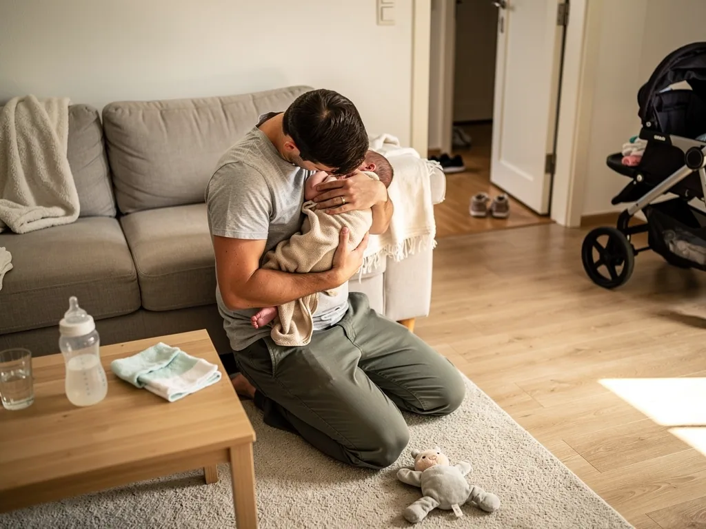 Vater kniet im Wohnzimmer und hält ein Neugeborenes im Arm; auf dem Tisch stehen Babyflasche und Spucktuch.