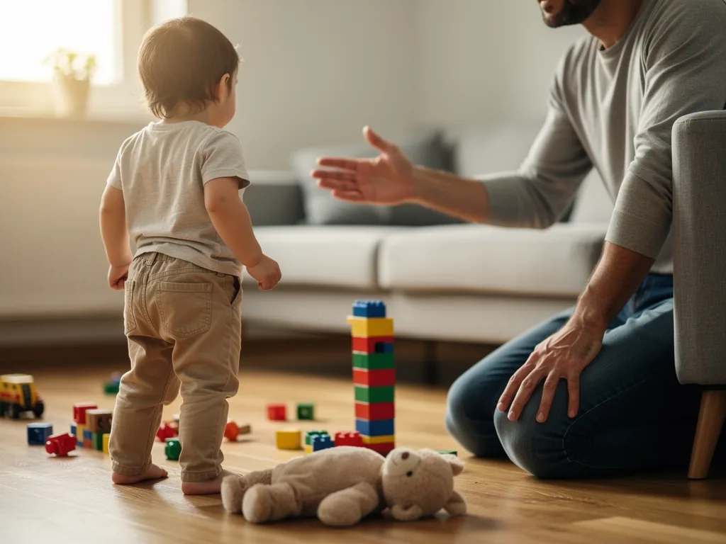 Vater kniet im Wohnzimmer vor Kleinkind und streckt eine Hand aus, Spielzeug liegt auf dem Boden.