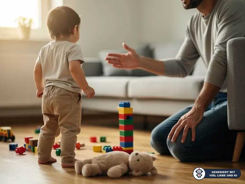 Vater kniet im Wohnzimmer vor Kleinkind und streckt eine Hand aus, Spielzeug liegt auf dem Boden. (mit KI erstellt)